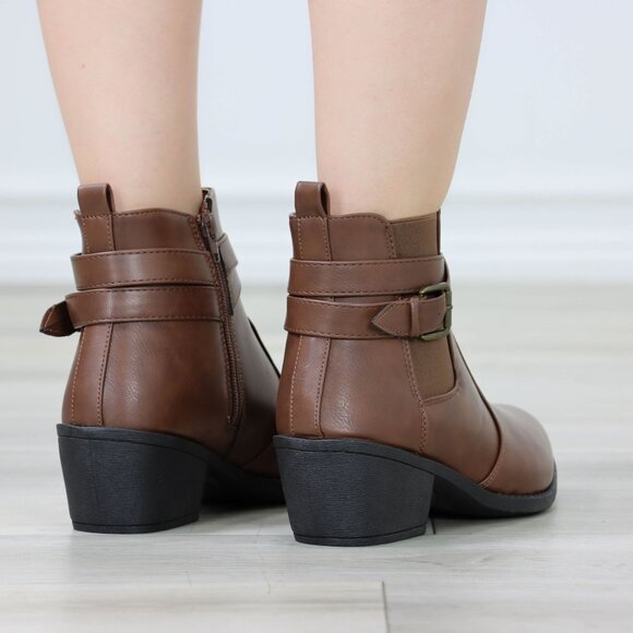 Brown Ankle Boots Buckle Strap Faux Leather Low Block Heel Side Zip - Picture 13 of 14